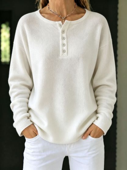 Henley Button Crew Neck Knit Sweater