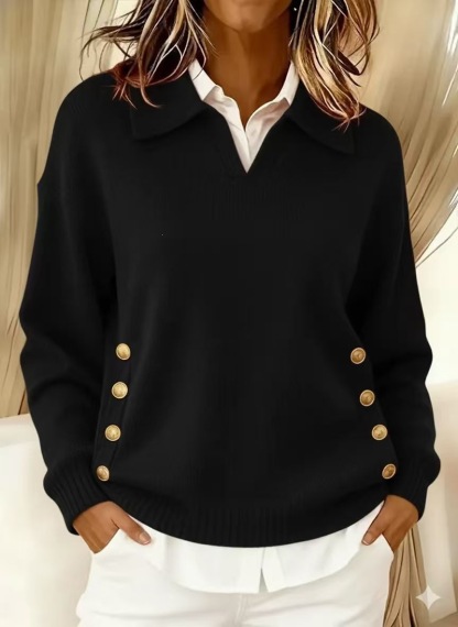 Women's Retro Collared Button Detail Knit Sweater, Relaxed Fit Pullover Top