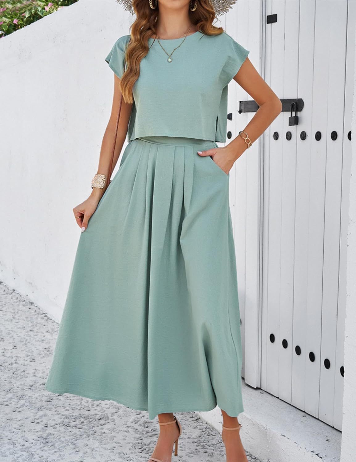 2025 Summer Skirt Sets Women 2 Piece Outfits Cap Sleeve Top Elastic Waist Maxi Dress Sets with Pockets