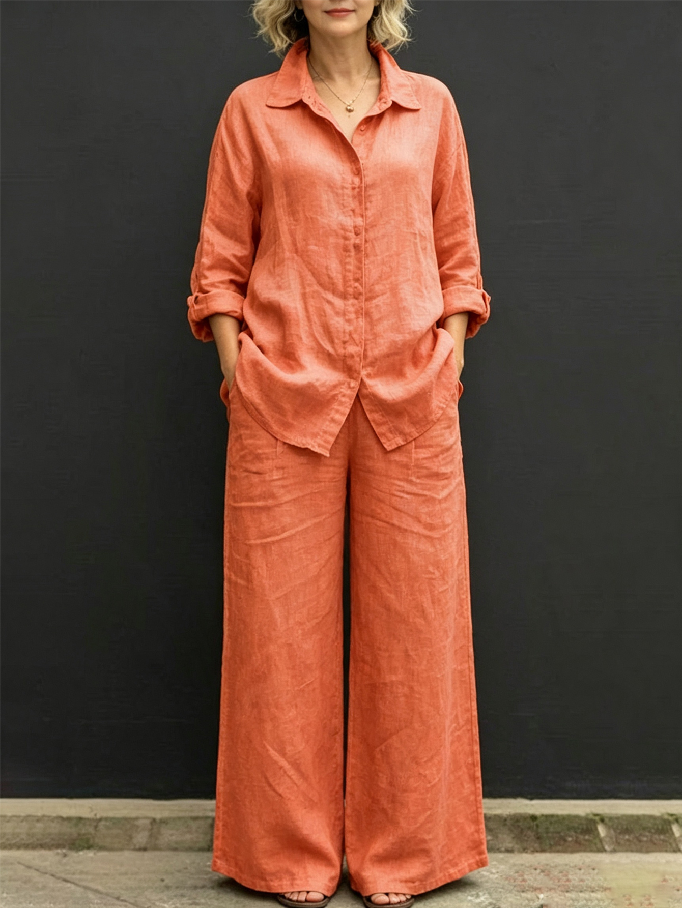 Women's Linen Blend Shirt Wide Leg Pants Set Relaxed Casual Resort Outfit