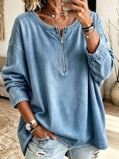 🤠 Women’s Round Neck Denim Top Half Zip Long Sleeve Loose Fit Casual Blouse