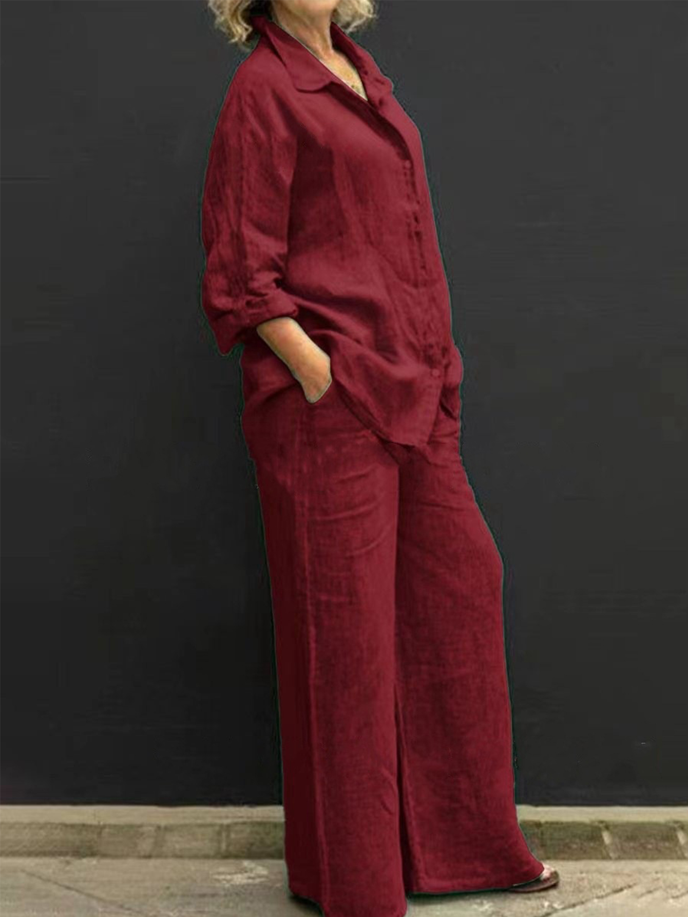 Women's Linen Blend Shirt Wide Leg Pants Set Relaxed Casual Resort Outfit