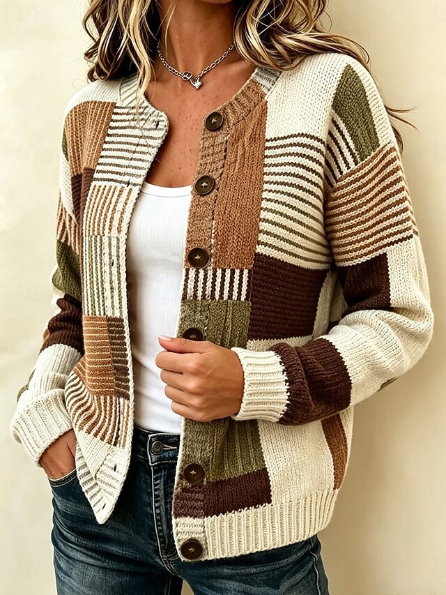 Women’s Color Block Plaid Knit Cardigan Button Front Vintage Sweater
