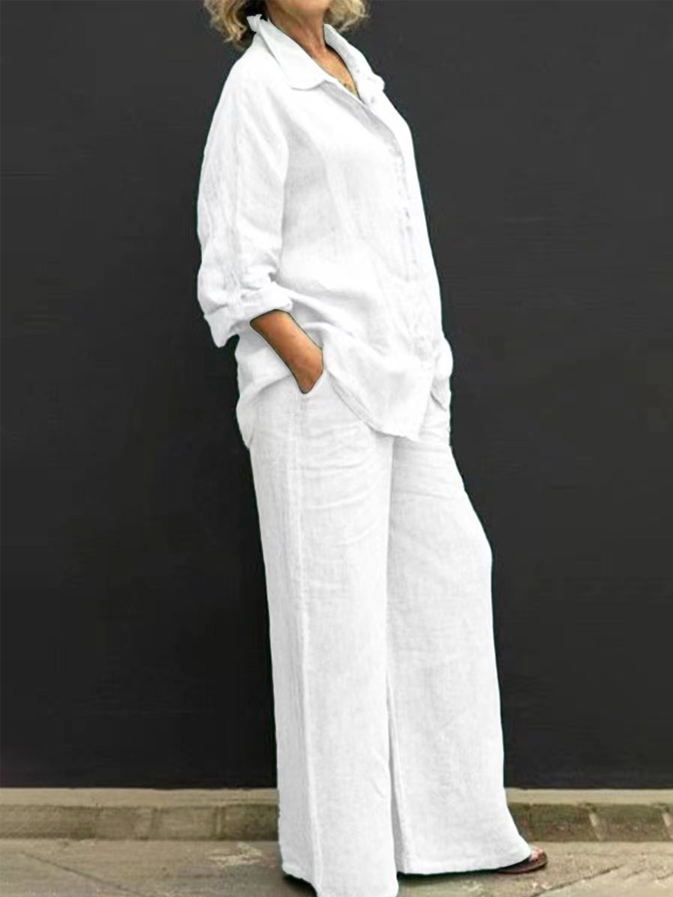 Women's Linen Blend Shirt Wide Leg Pants Set Relaxed Casual Resort Outfit