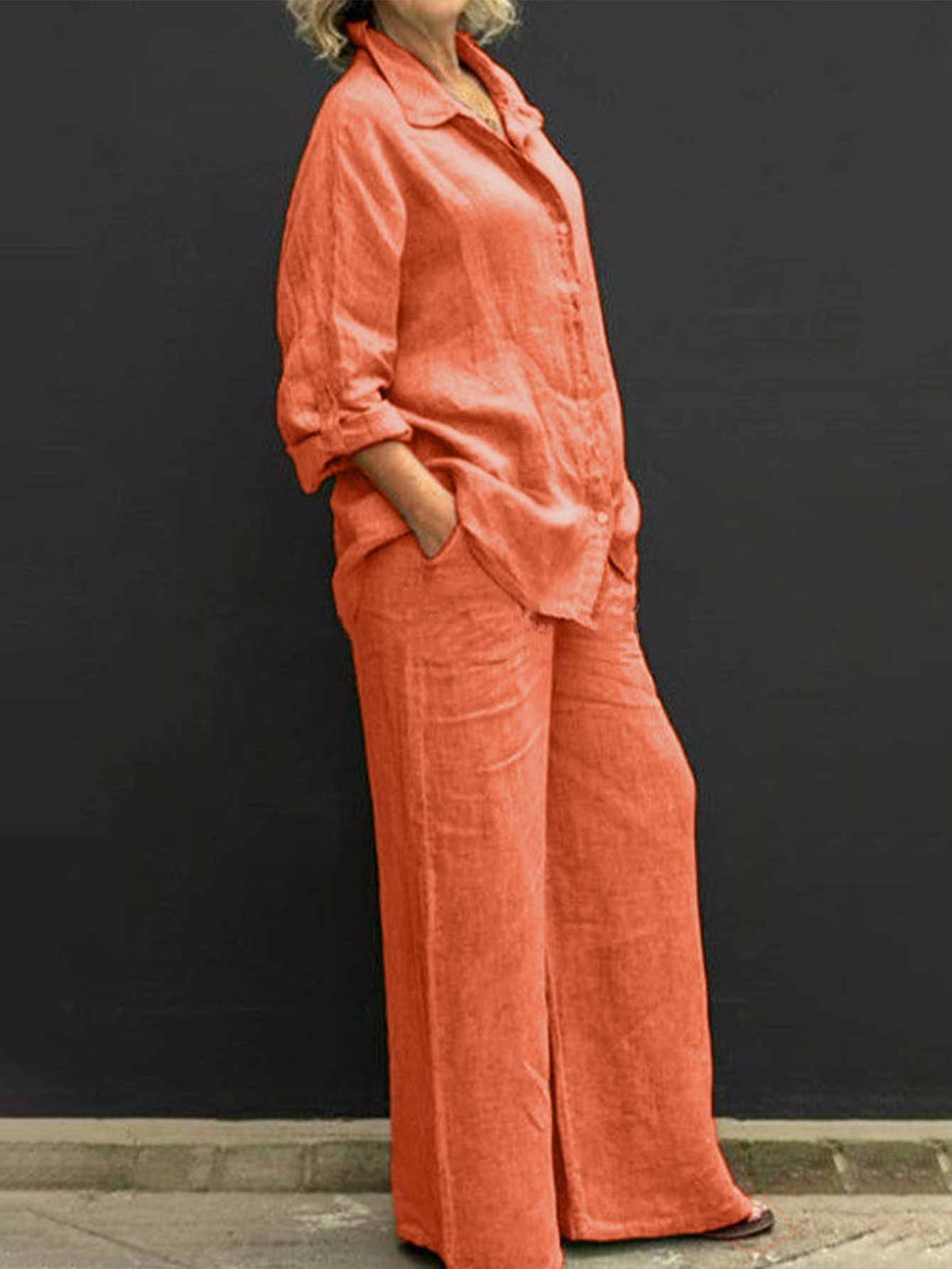 Women's Linen Blend Shirt Wide Leg Pants Set Relaxed Casual Resort Outfit