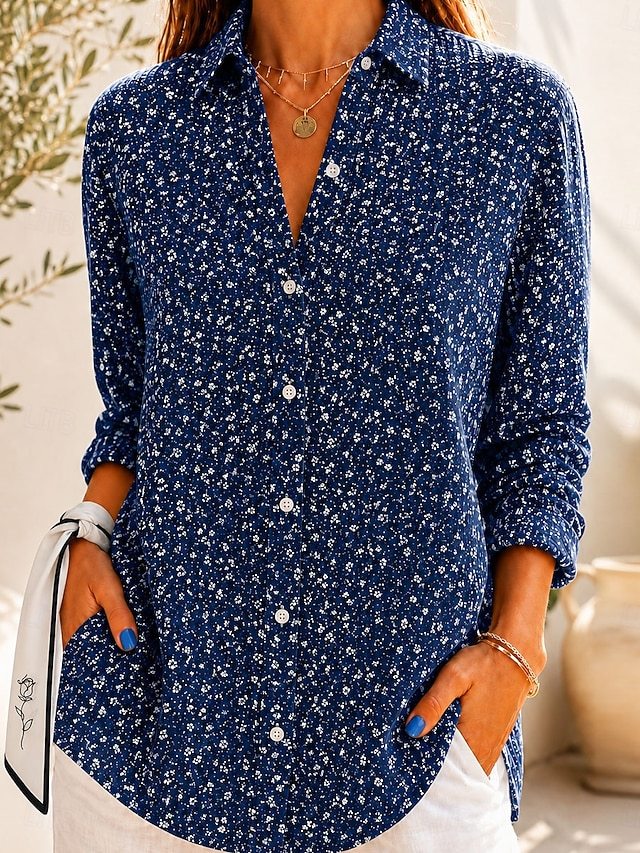 Women's Waffle Shirt Casual Shirt Summer Tops Ombre Floral Graphic Elegant Vintage Stylish Long Sleeve Turndown Long Tops Casual Daily Outdoor Blue Red Green Beige Summer Spring Fall Winter