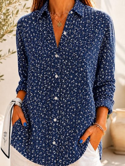 Women's Waffle Shirt Casual Shirt Summer Tops Ombre Floral Graphic Elegant Vintage Stylish Long Sleeve Turndown Long Tops Casual Daily Outdoor Blue Red Green Beige Summer Spring Fall Winter
