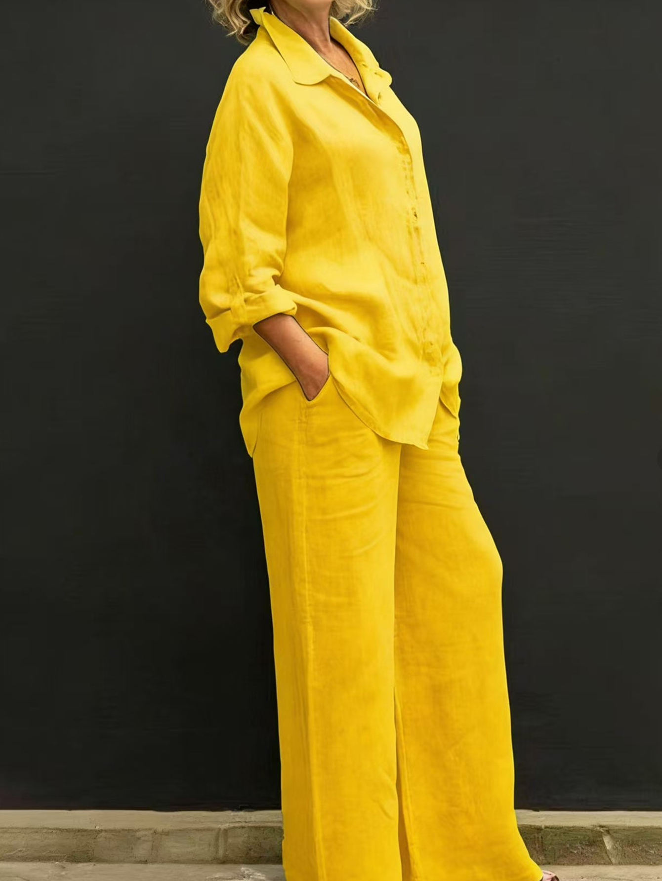 Women's Linen Blend Shirt Wide Leg Pants Set Relaxed Casual Resort Outfit
