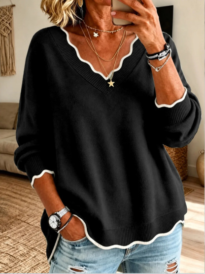 Women’s Scalloped Trim V Neck Long Sleeve Loose Knit Sweater