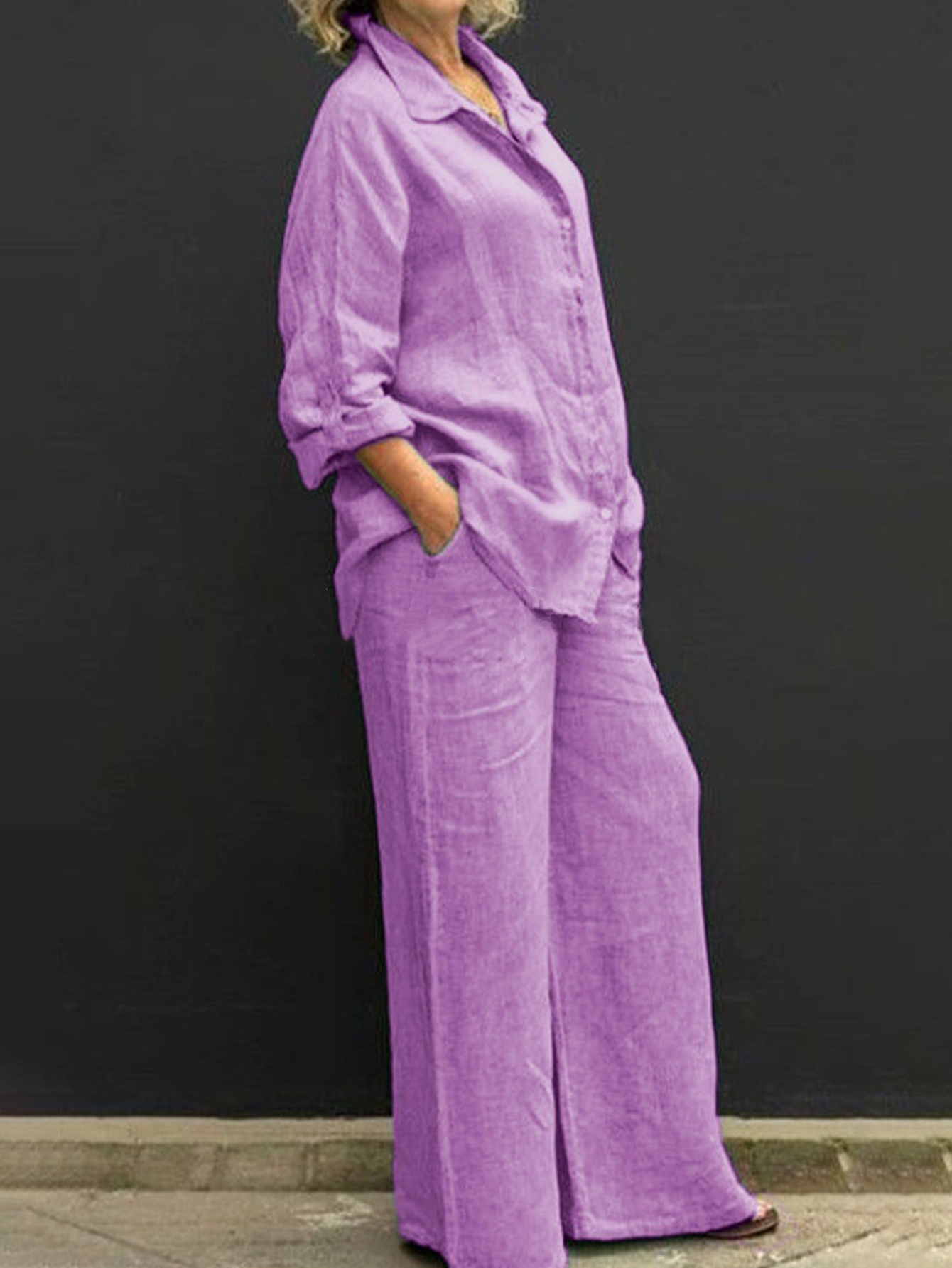 Women's Linen Blend Shirt Wide Leg Pants Set Relaxed Casual Resort Outfit