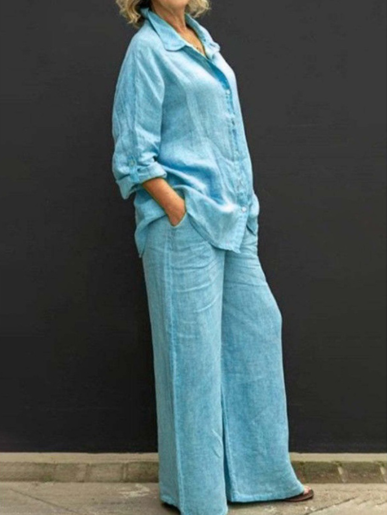 Women's Linen Blend Shirt Wide Leg Pants Set Relaxed Casual Resort Outfit