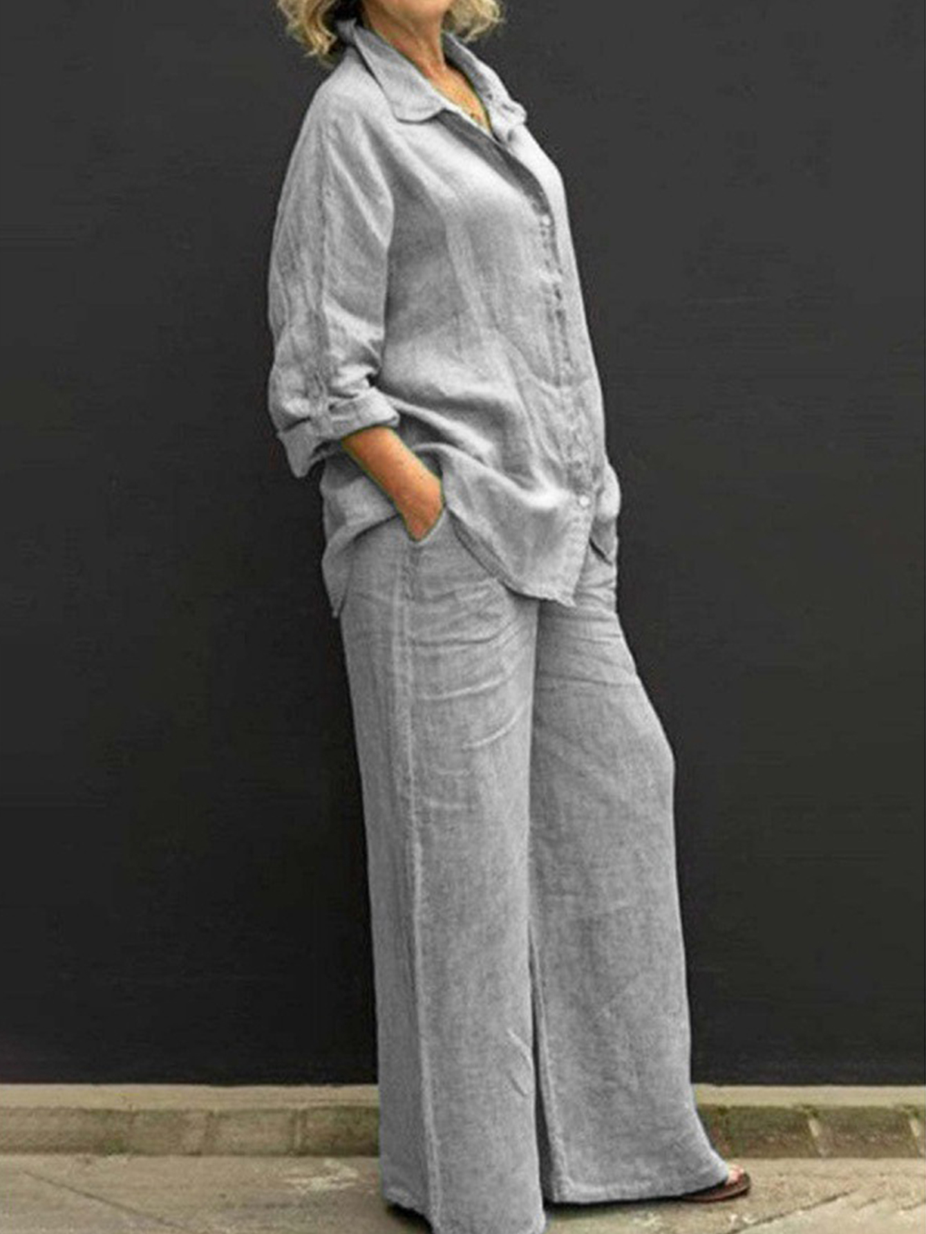 Women's Linen Blend Shirt Wide Leg Pants Set Relaxed Casual Resort Outfit