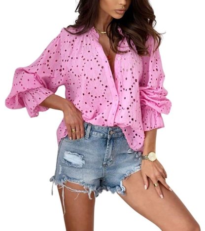 Women's Bohemian Cutout Lantern Sleeve Button Down Blouse
