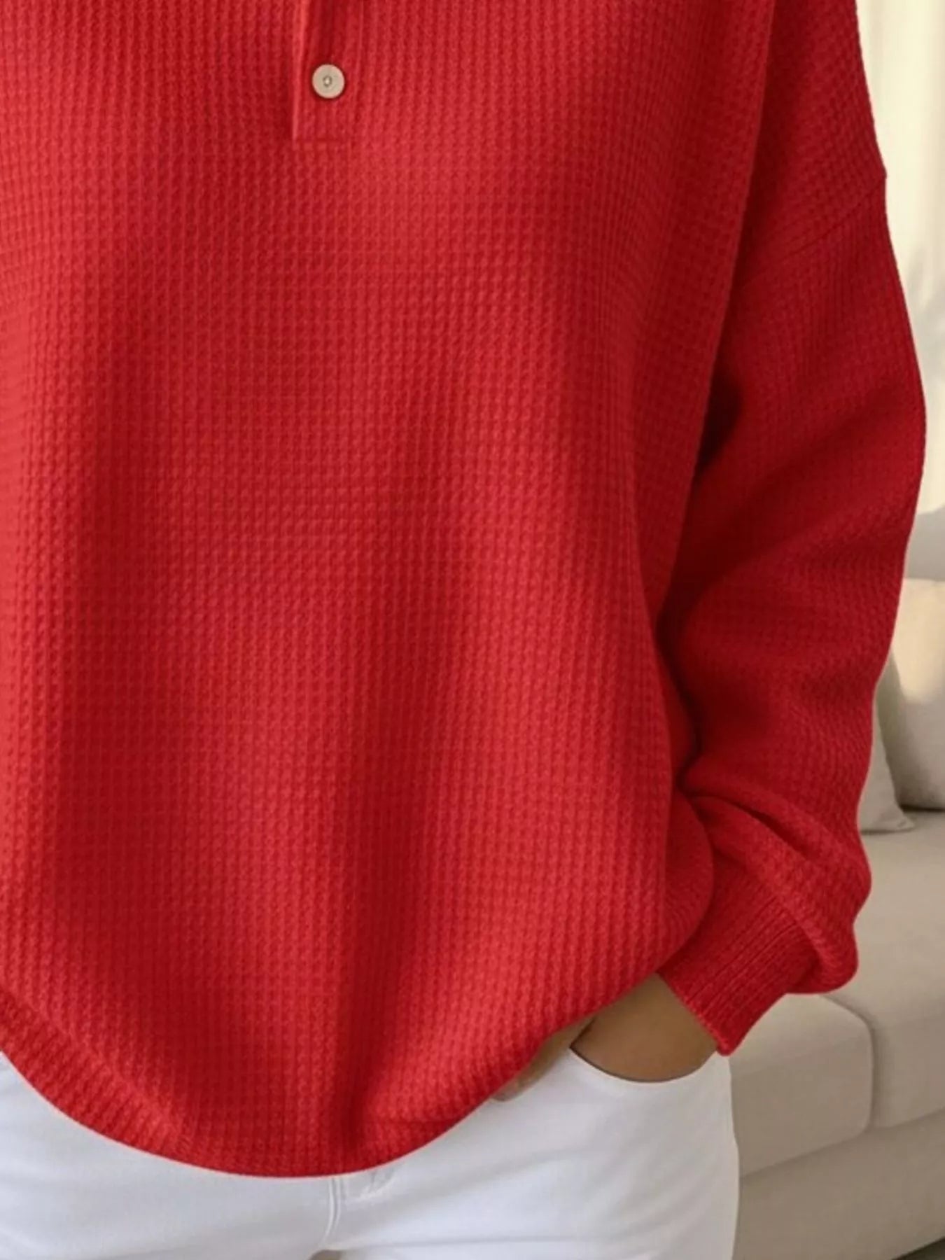 Women's Waffle Knit Polo Collar Henley Top - Casual Loose Drop Shoulder Long Sleeve Shirts