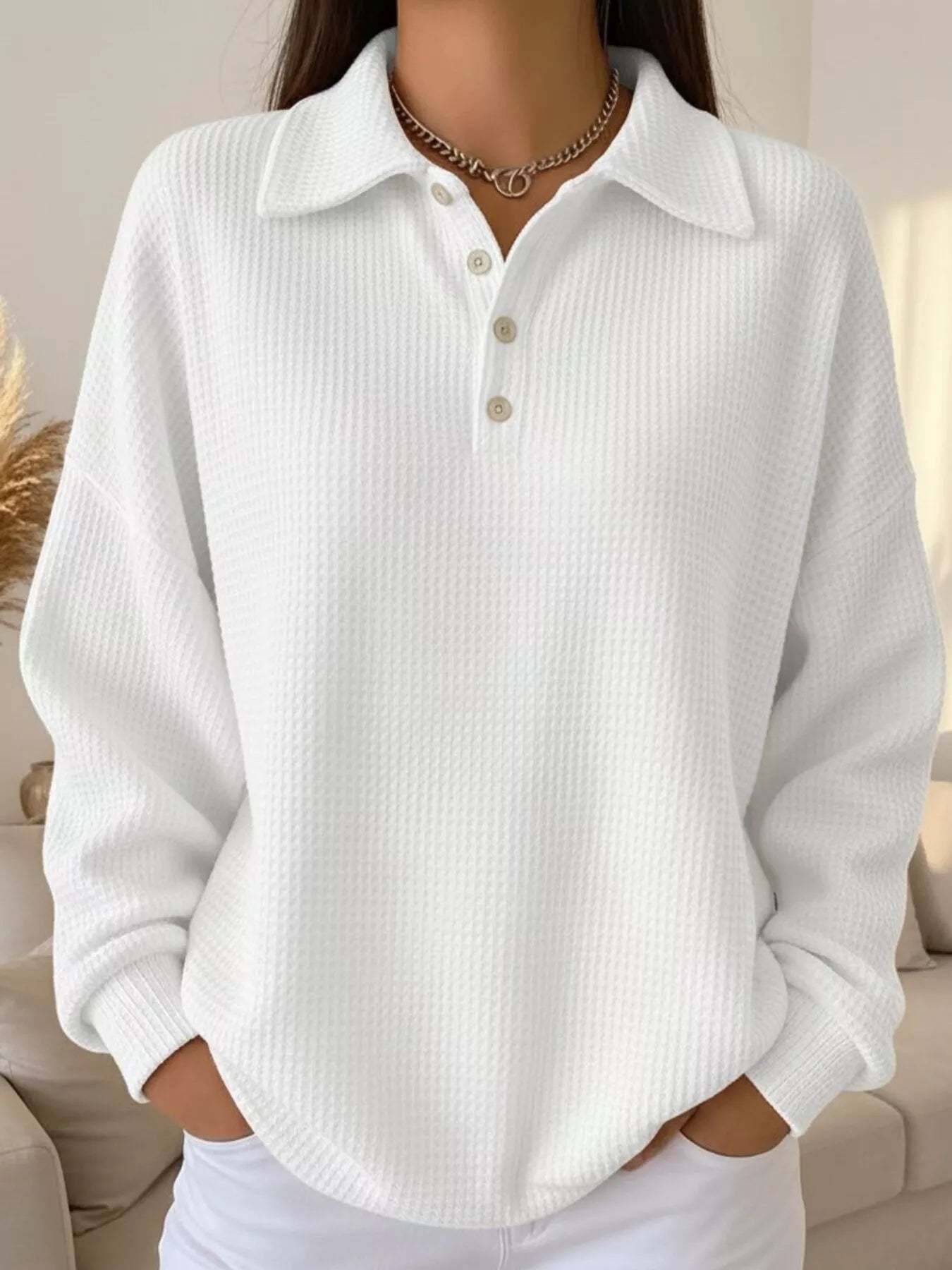 Women's Waffle Knit Polo Collar Henley Top - Casual Loose Drop Shoulder Long Sleeve Shirts