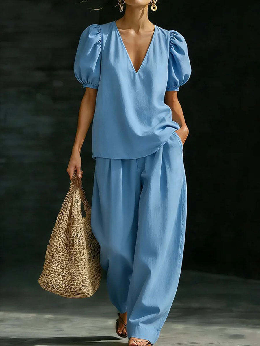 Women's Puff-sleeve V-neck Short-sleeve Casual Set