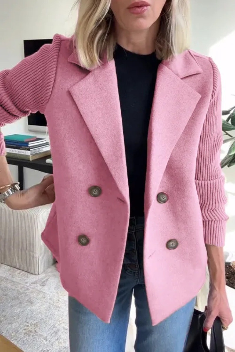 Women’s Lapel Blazer Knit Spliced Sleeve Double Breasted Wool Blend Short Coat