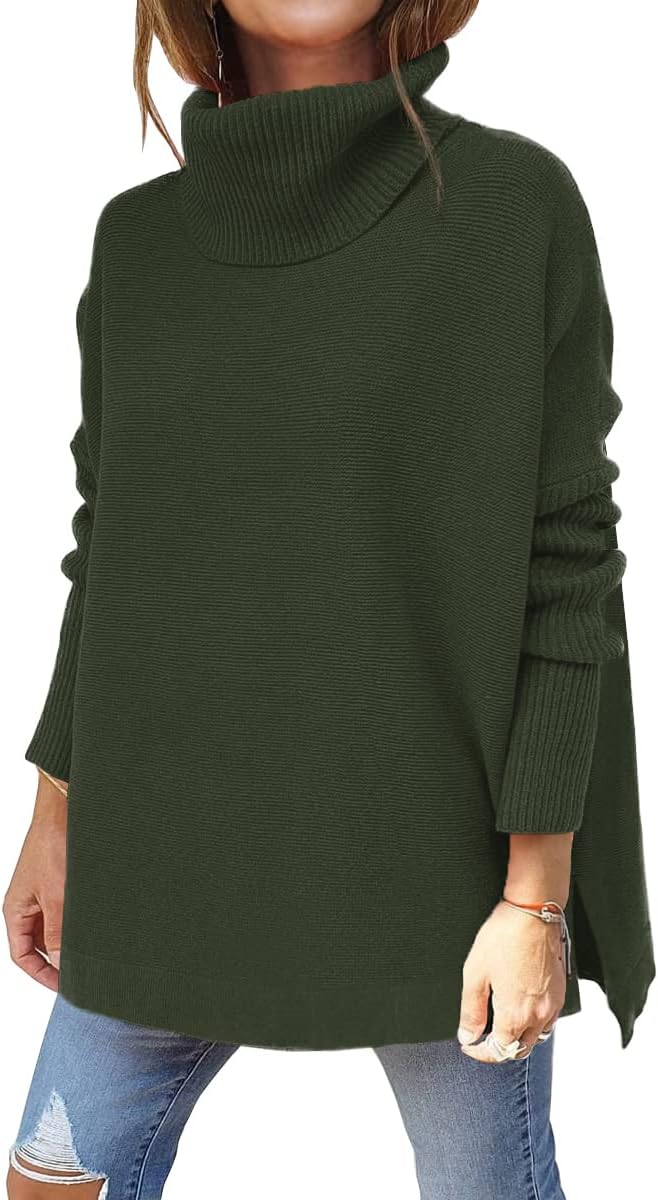 Women's Turtleneck Oversized Sweaters Long Batwing Sleeve Spilt Hem Tunic Pullover Knit Tops