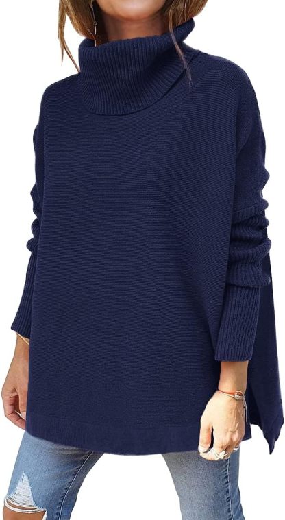Women's Turtleneck Oversized Sweaters Long Batwing Sleeve Spilt Hem Tunic Pullover Knit Tops