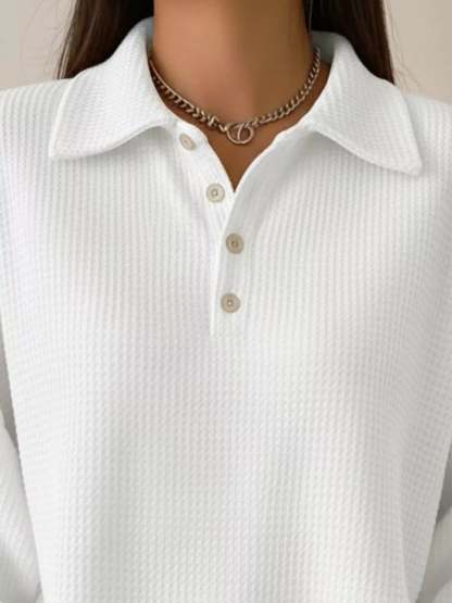 Women's Waffle Knit Polo Collar Henley Top - Casual Loose Drop Shoulder Long Sleeve Shirts