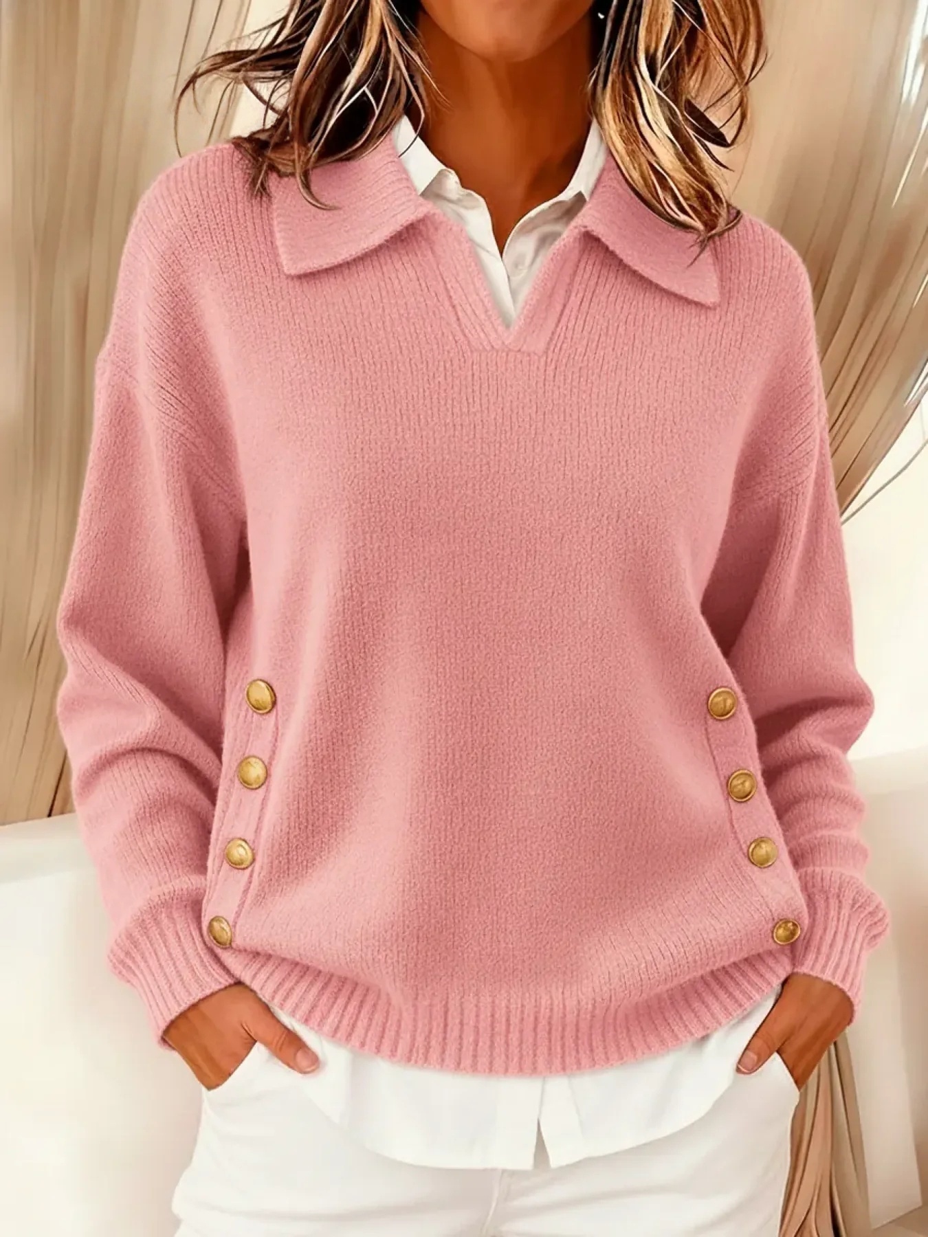 Women's Comfortable Metal Buckle Pullover Knit Sweater
