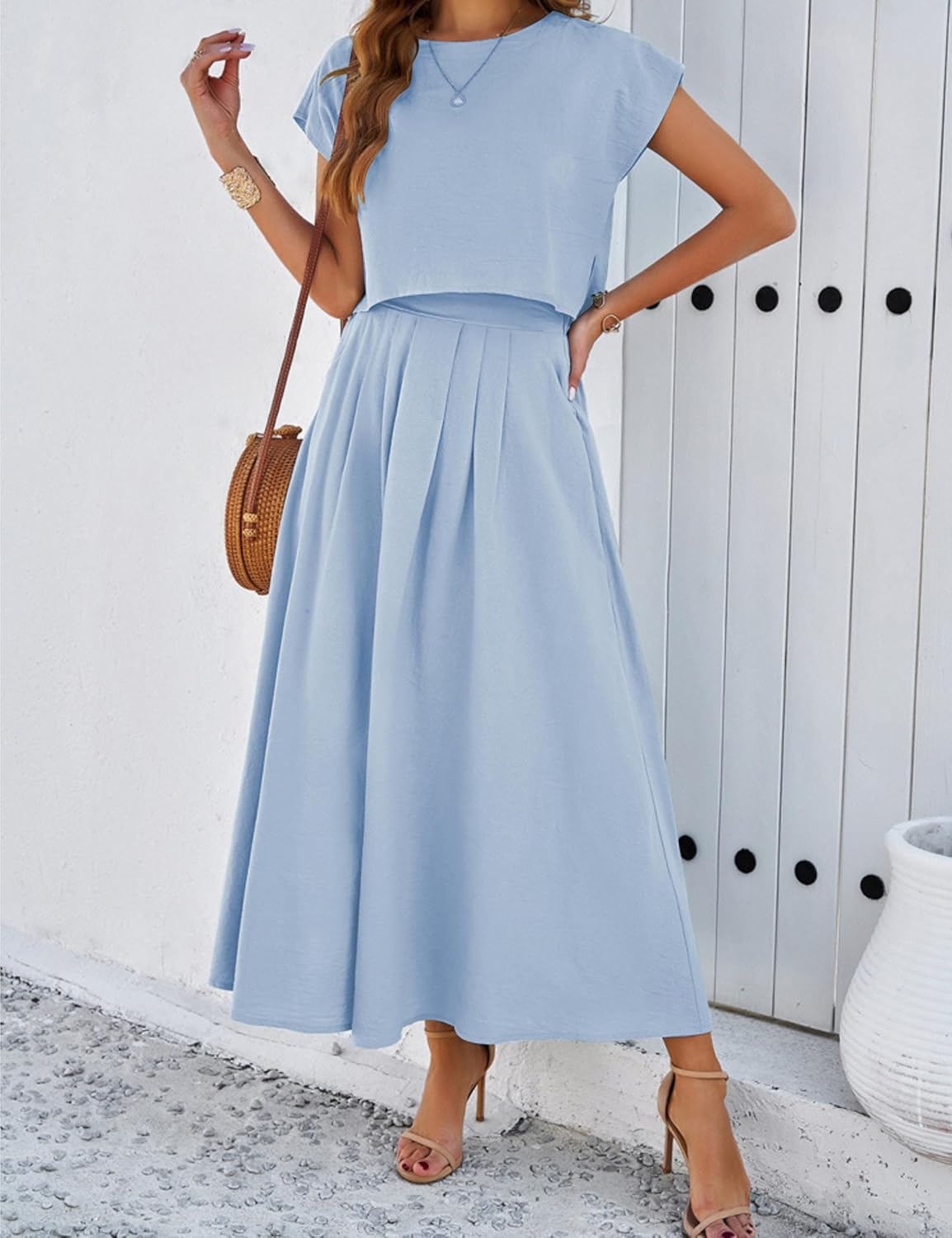 2025 Summer Skirt Sets Women 2 Piece Outfits Cap Sleeve Top Elastic Waist Maxi Dress Sets with Pockets