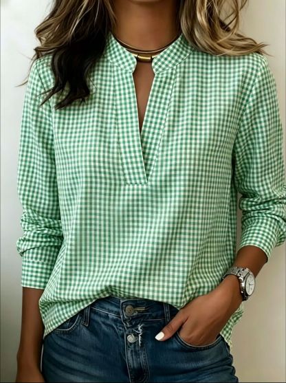 Split V Neck Gingham Long Sleeve Shirt Women Casual Plaid Blouse