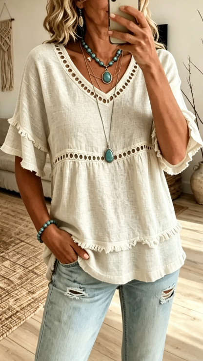 Eyelet Lace Trim Fringe Hem V-Neck Casual Top