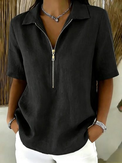 Women's Blouse Faux Linen Shirt Zipper Buttons Solid Color Daily Stylish Casual Short Sleeve Polo Collar Regular Tops Casual Daily Blue Black White Yellow Khaki Summer Spring