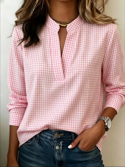 Split V Neck Gingham Long Sleeve Shirt Women Casual Plaid Blouse