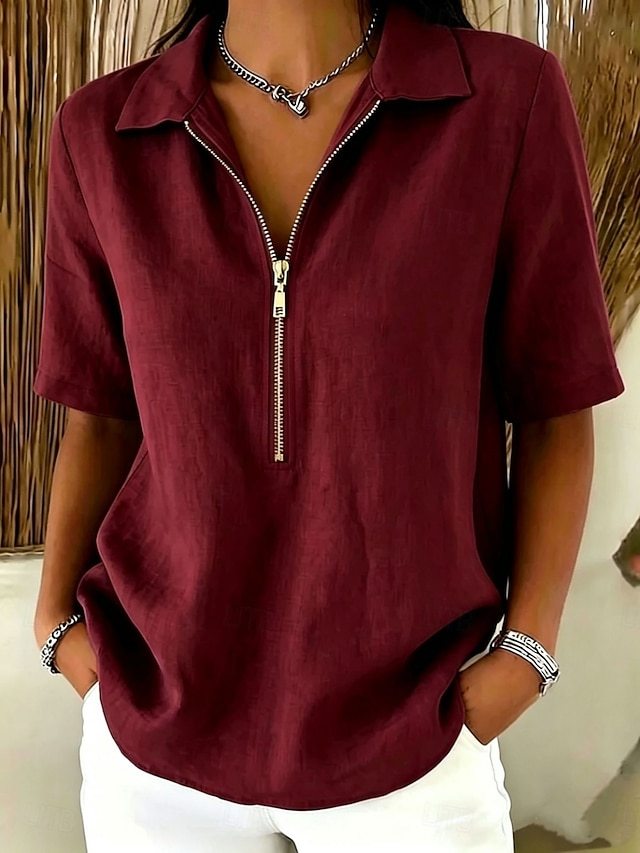 Women's Blouse Faux Linen Shirt Zipper Buttons Solid Color Daily Stylish Casual Short Sleeve Polo Collar Regular Tops Casual Daily Blue Black White Yellow Khaki Summer Spring
