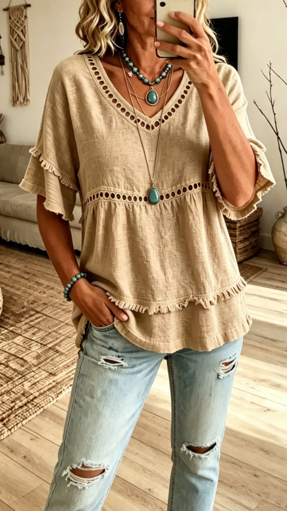 Eyelet Lace Trim Fringe Hem V-Neck Casual Top