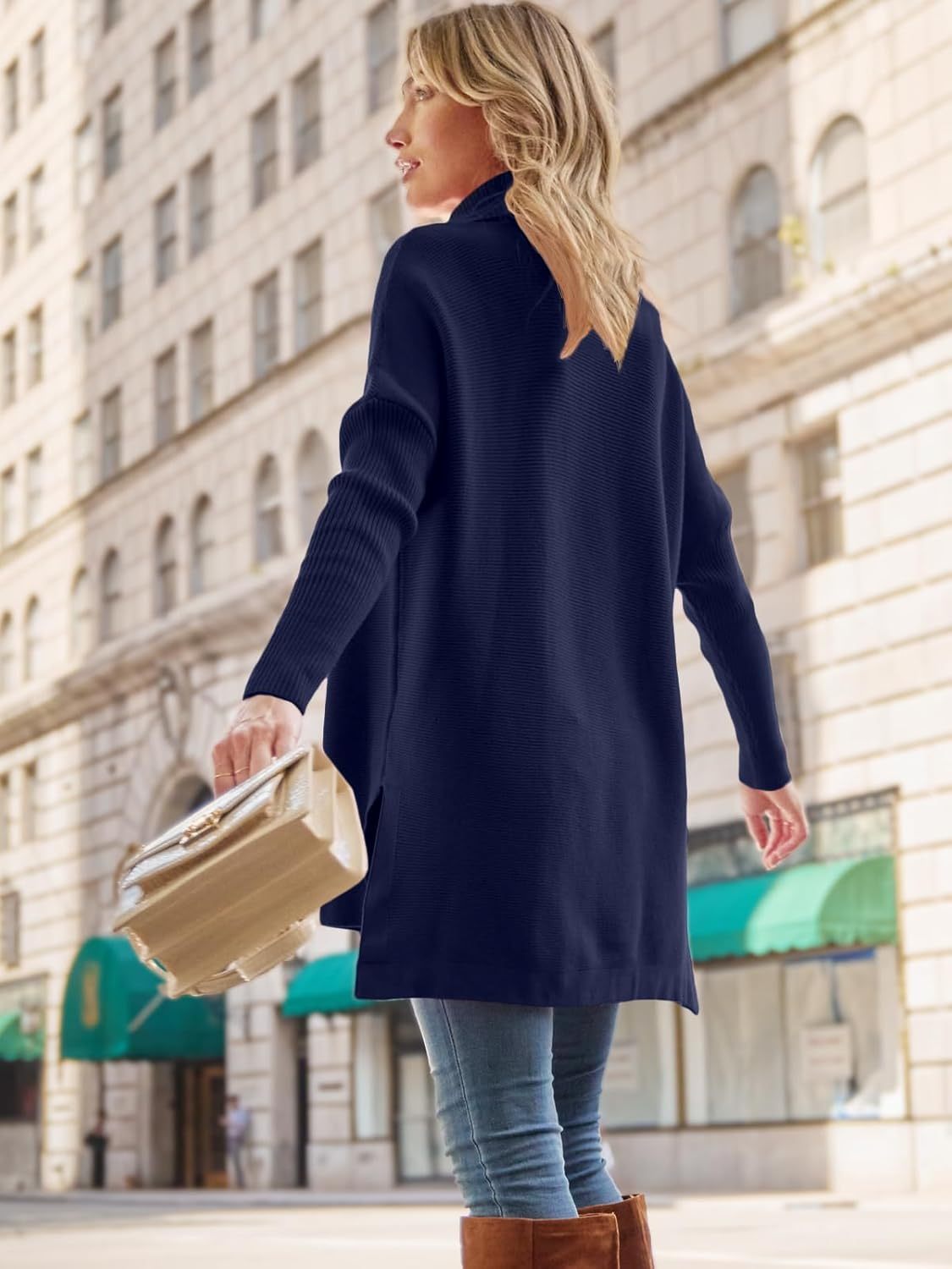Women's Turtleneck Oversized Sweaters Long Batwing Sleeve Spilt Hem Tunic Pullover Knit Tops