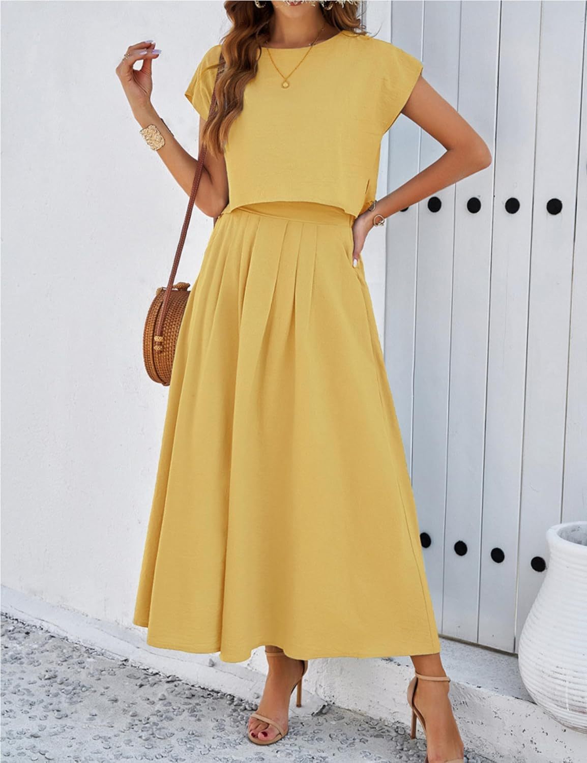 2025 Summer Skirt Sets Women 2 Piece Outfits Cap Sleeve Top Elastic Waist Maxi Dress Sets with Pockets