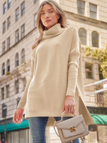Women's Turtleneck Oversized Sweaters Long Batwing Sleeve Spilt Hem Tunic Pullover Knit Tops