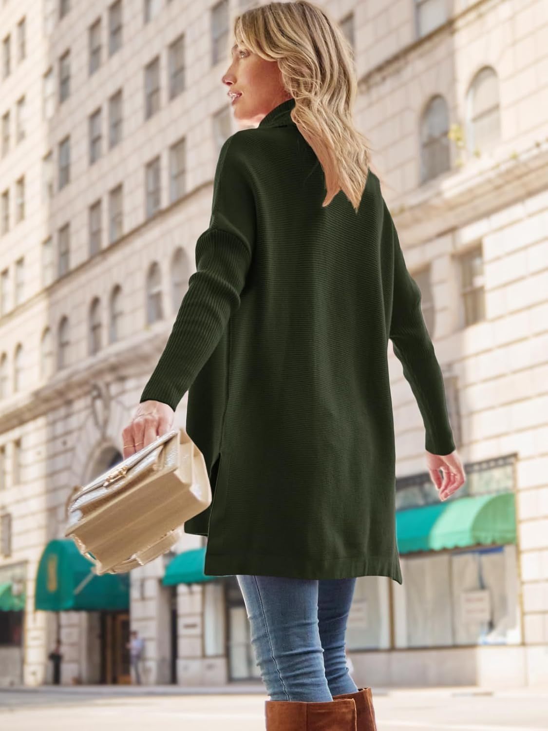 Women's Turtleneck Oversized Sweaters Long Batwing Sleeve Spilt Hem Tunic Pullover Knit Tops