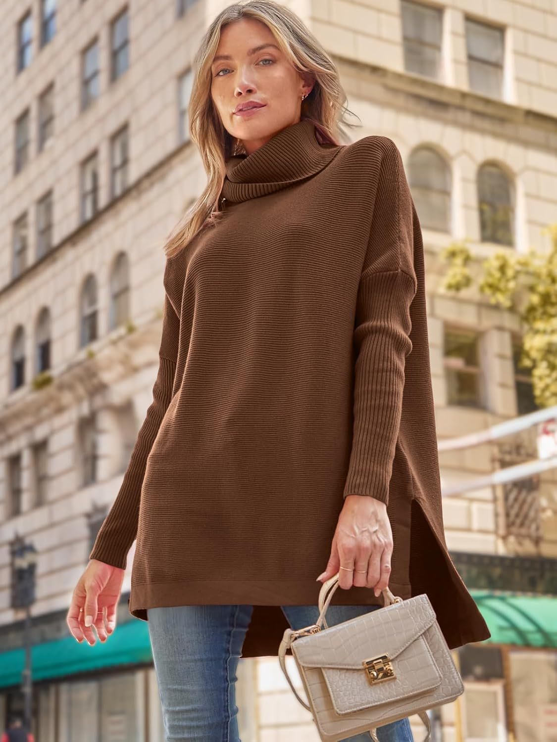 Women's Turtleneck Oversized Sweaters Long Batwing Sleeve Spilt Hem Tunic Pullover Knit Tops