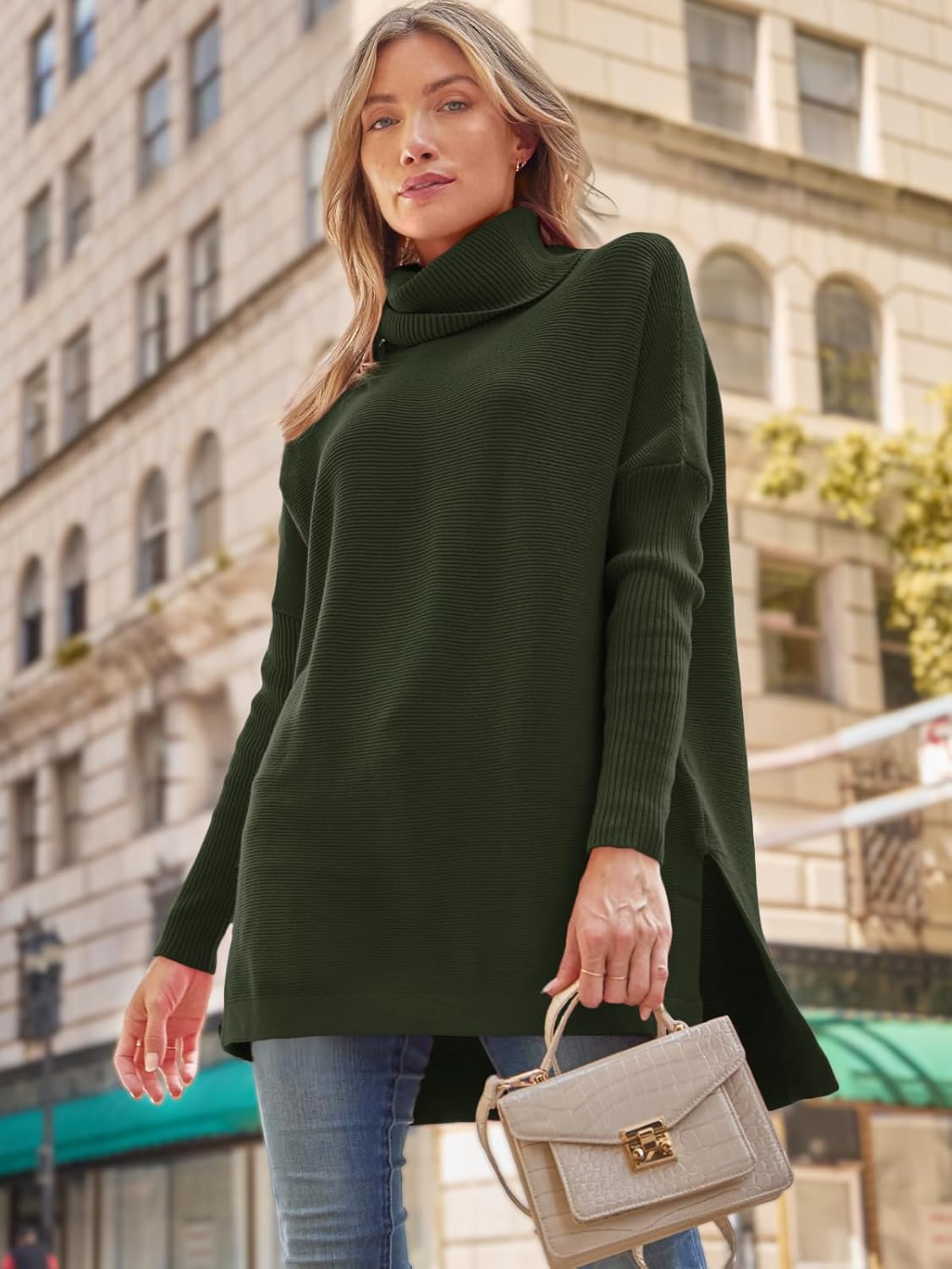 Women's Turtleneck Oversized Sweaters Long Batwing Sleeve Spilt Hem Tunic Pullover Knit Tops