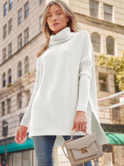 Women's Turtleneck Oversized Sweaters Long Batwing Sleeve Spilt Hem Tunic Pullover Knit Tops