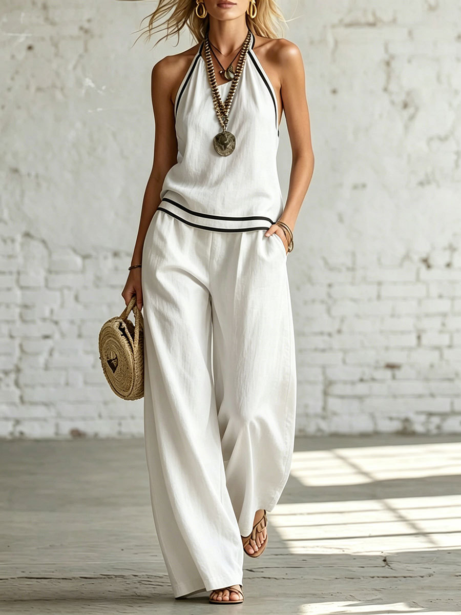 Women's Sleeveless Halter-neck Striped Two-piece Set