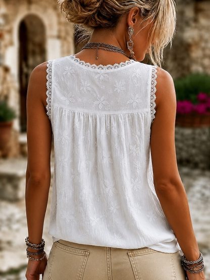 Women’s Sleeveless V-Neck Lace Patchwork Top Floral Embroidery Casual Blouse