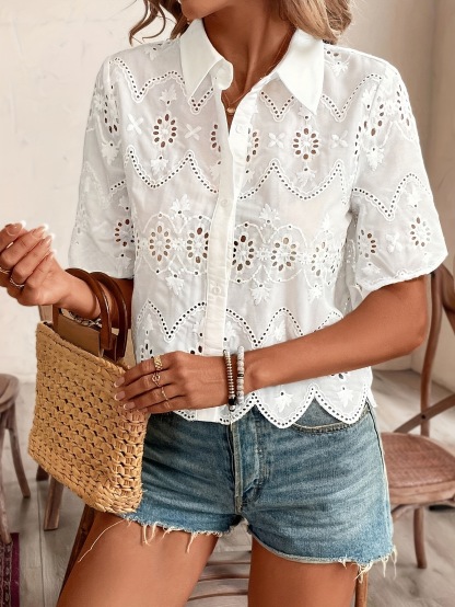Women’s Eyelet Embroidered Short Sleeve Shirt, Button Down Hollow Out Scallop Trim Casual Blouse