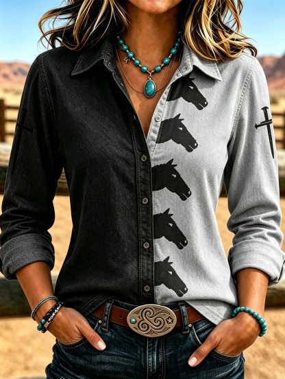 Women’s Two-Tone Western Shirt, Color Block Horse Print Button Down Top