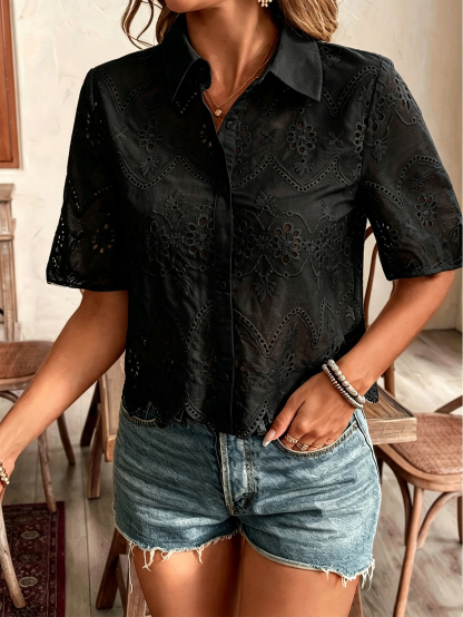 Women’s Eyelet Embroidered Short Sleeve Shirt, Button Down Hollow Out Scallop Trim Casual Blouse