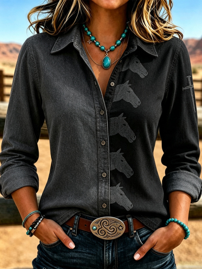 Women’s Two-Tone Western Shirt, Color Block Horse Print Button Down Top