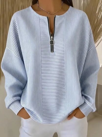 Striped Quarter Zip Crew Neck Long Sleeve Top
