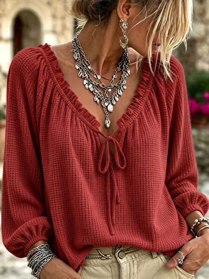 Women's Waffle Knit Tie Front Top, V Neck Puff Sleeve Casual Blouse
