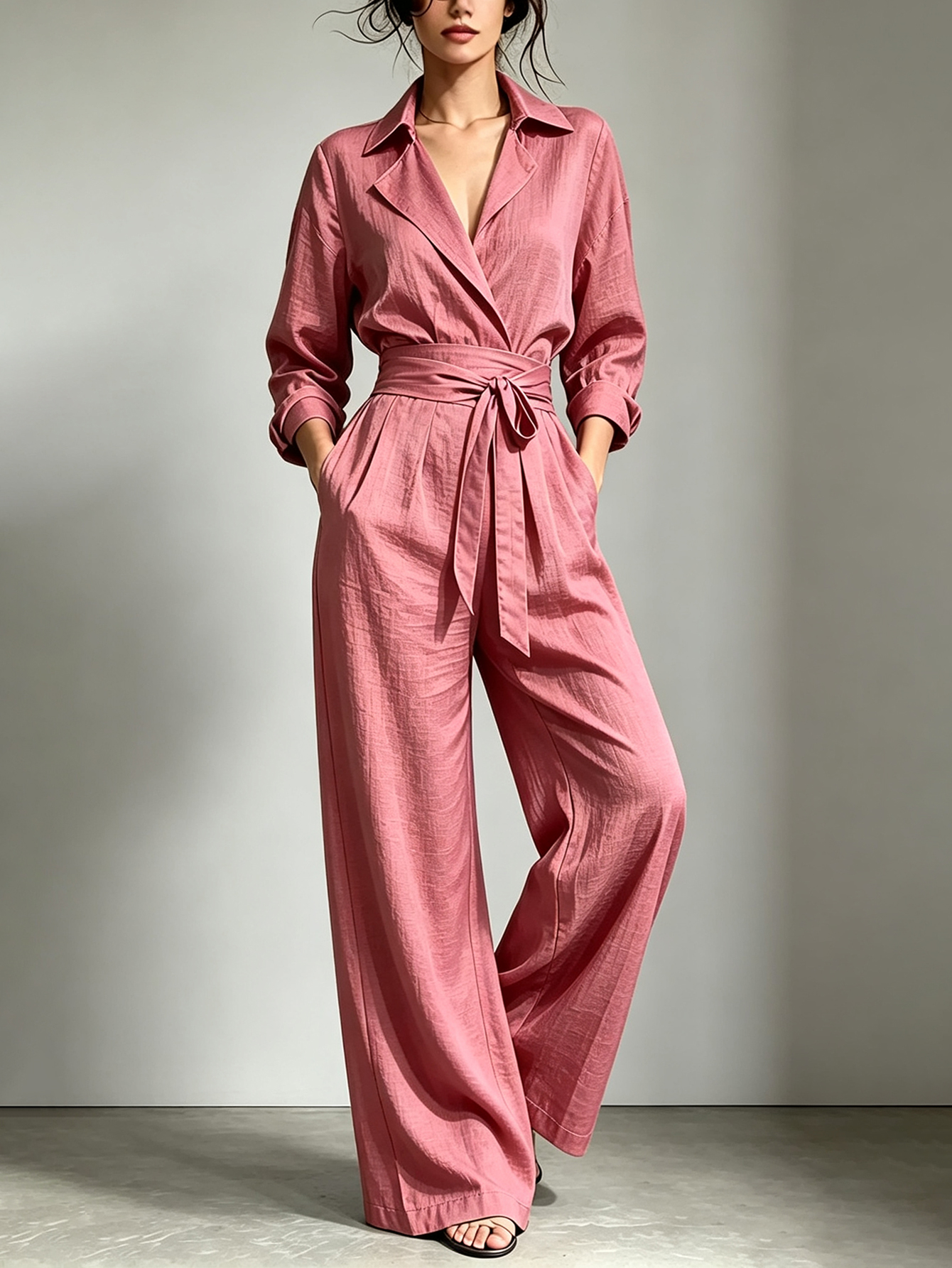 🔥Lapel Surplice Tie Waist Wide Leg Jumpsuit