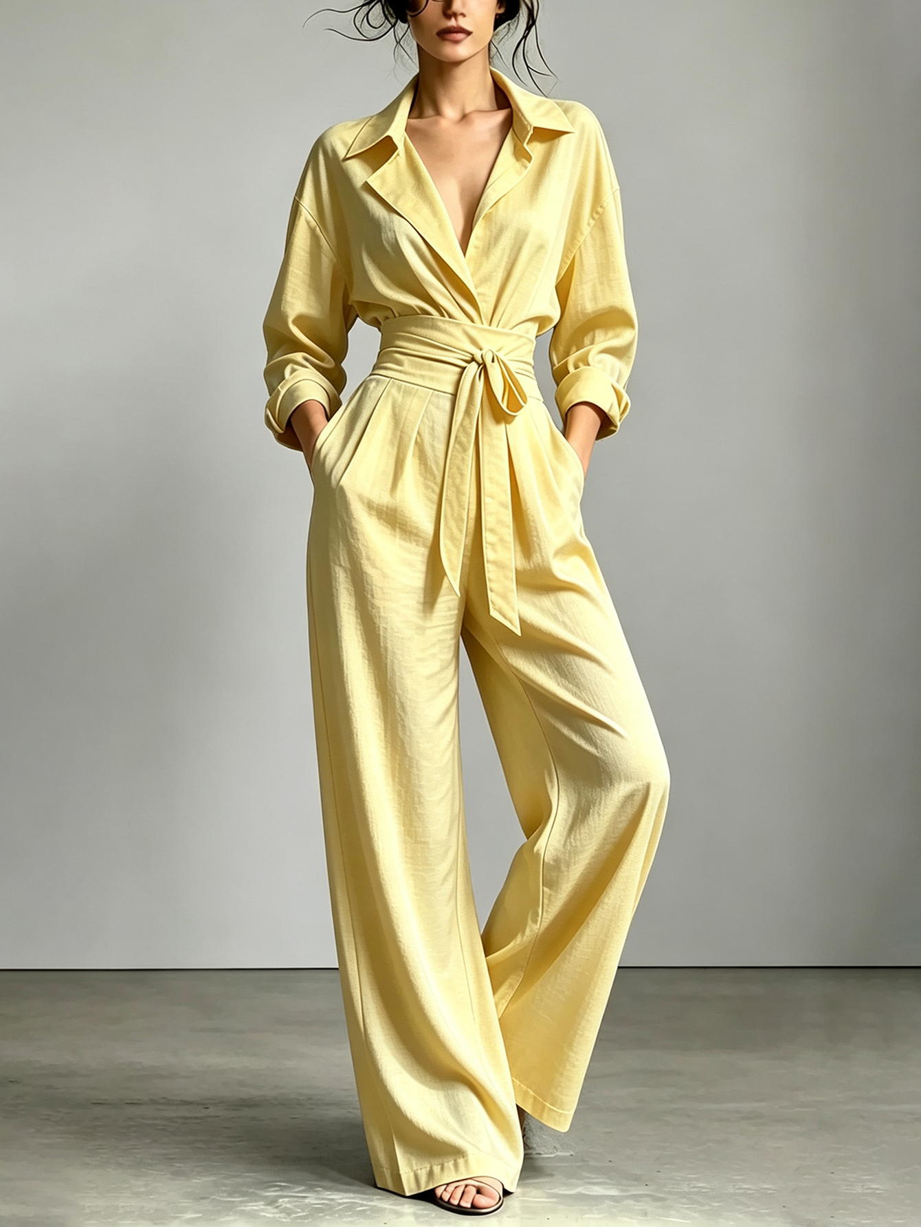 🔥Lapel Surplice Tie Waist Wide Leg Jumpsuit