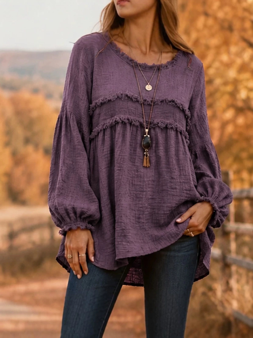🍂 Women’s Casual Fringe Patchwork Top Long Sleeve Loose Tunic Blouse
